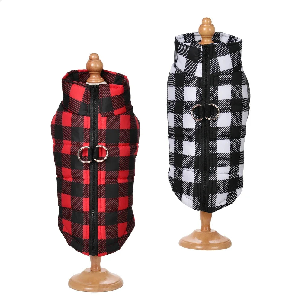 Checkered printed dog clothing is suitable for small dogs, cats, dog coats, cat jackets with zippers, waterproof winter dog vests, pet clothing
