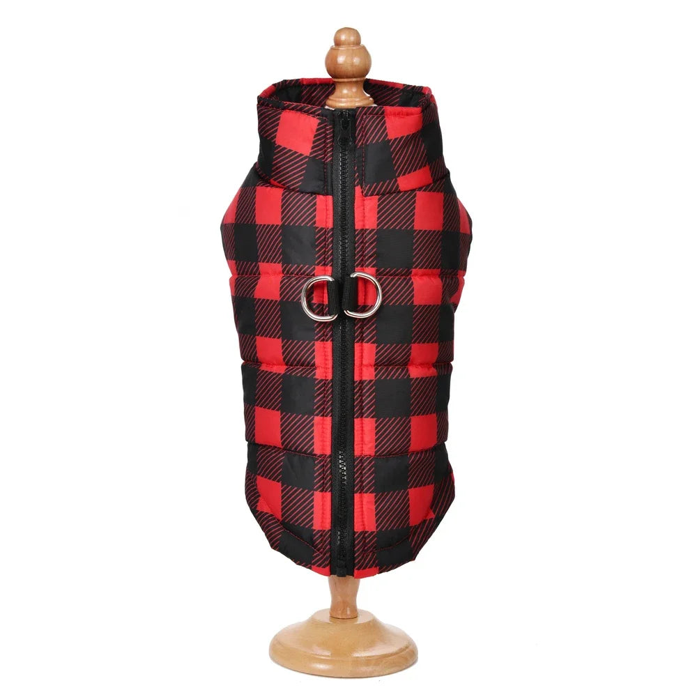 Checkered printed dog clothing is suitable for small dogs, cats, dog coats, cat jackets with zippers, waterproof winter dog vests, pet clothing