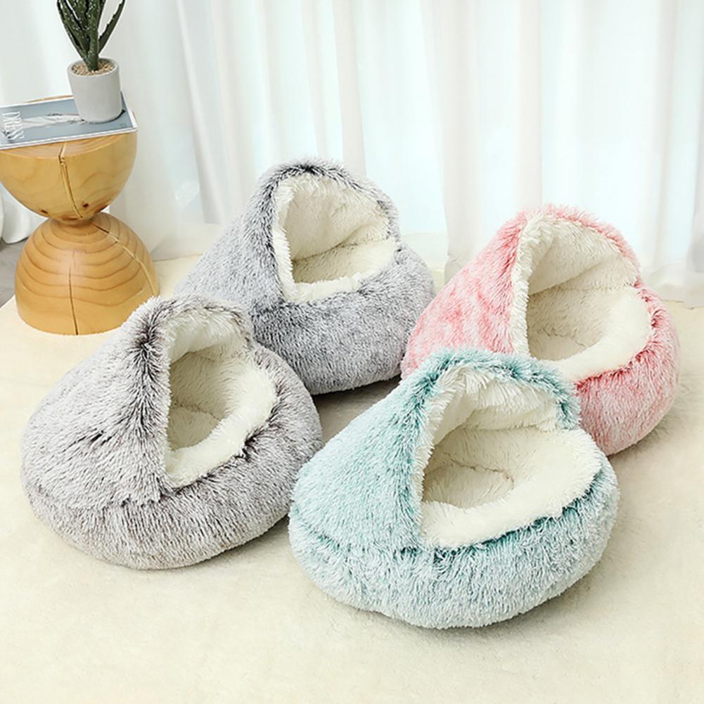 Warm Cat Bed Round Fluffy Hat Pet Bed Winter Cave Plush Comfortable Pet Nest Comfortable Artificial Fur Doughnut Cave Suitable for Small Pets