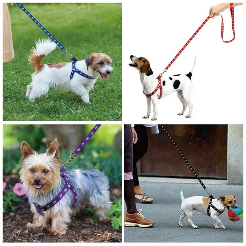 Cute paw print dog harness and leash set, nylon adjustable dog harness, dog walking leash suitable for small and medium-sized dogs