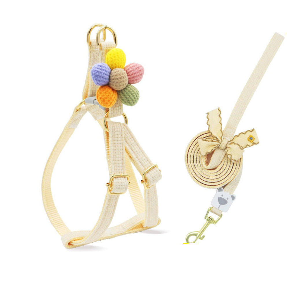Flower adjustable pet harness and neck strap set - soft polyester, suitable for cat and small to medium-sized dog pet leash accessories