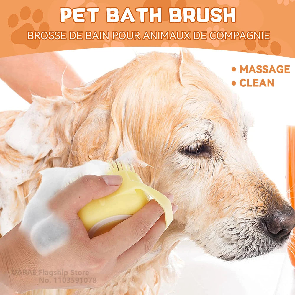 Dog bathing brush, pet massage brush, shampoo dispenser, soft silicone brush, rubber bristles suitable for dogs and cats, shower beauty tools