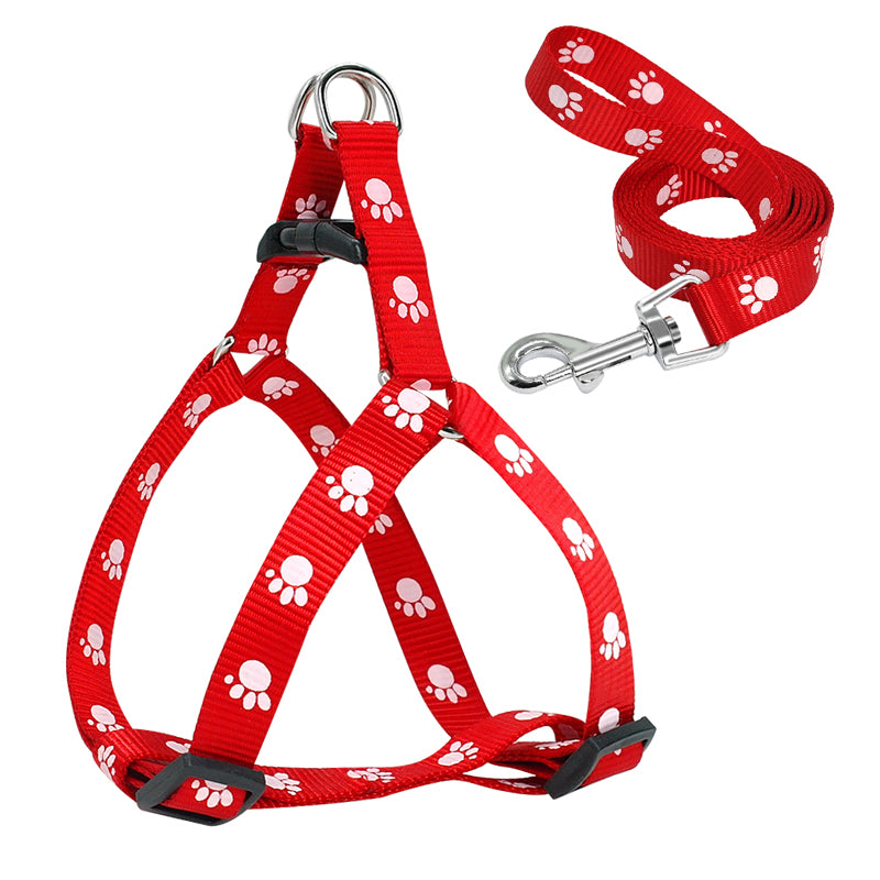 Cute paw print dog harness and leash set, nylon adjustable dog harness, dog walking leash suitable for small and medium-sized dogs