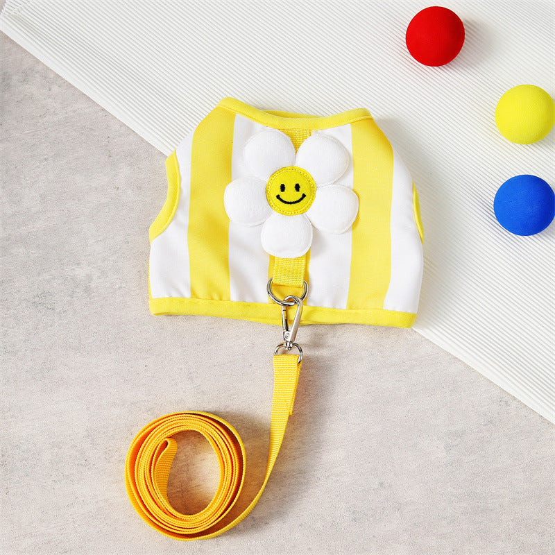 Striped Sunflower Dog Strap Vest and Drawstring Set for Outdoor Walking and Indoor Leisure Pet Strap Vest and Dog Drawstring, Suitable for Small Dogs