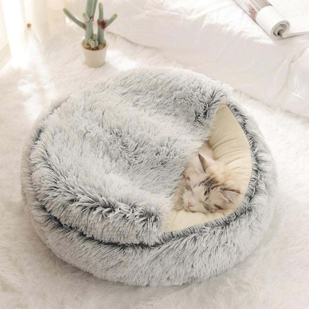 Warm Cat Bed Round Fluffy Hat Pet Bed Winter Cave Plush Comfortable Pet Nest Comfortable Artificial Fur Doughnut Cave Suitable for Small Pets