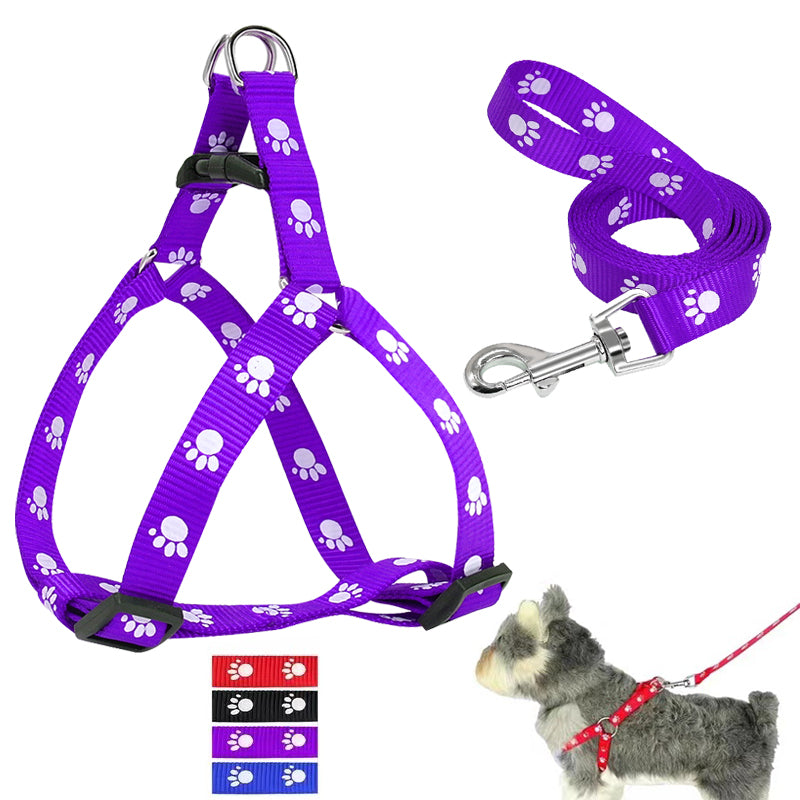 Cute paw print dog harness and leash set, nylon adjustable dog harness, dog walking leash suitable for small and medium-sized dogs