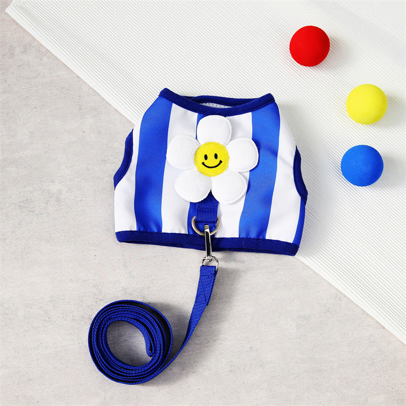 Striped Sunflower Dog Strap Vest and Drawstring Set for Outdoor Walking and Indoor Leisure Pet Strap Vest and Dog Drawstring, Suitable for Small Dogs