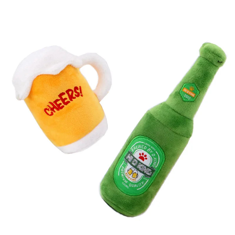 Simulation plush filled pet dog toy, beer cup, beer bottle, BB barking sound, pet toy, dog accessories, interactive dog toy