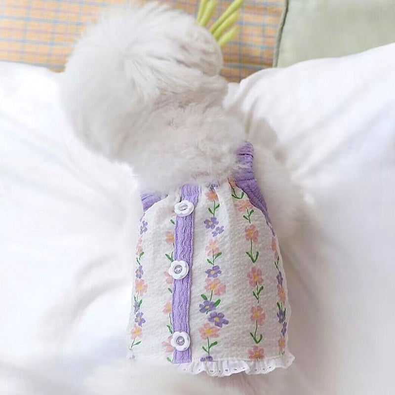 Mini floral pet dog summer outfit lace vest skirt button decoration princess spring outfit French bulldog cute cat outfit