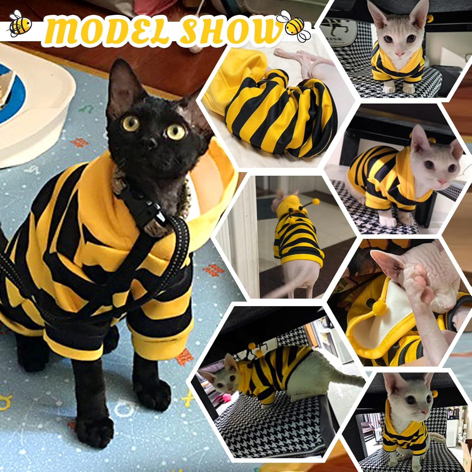 Fun pet cat clothes hooded striped cat hoodie, suitable for cats, kittens, Easter and Halloween party costumes, cat bee costumes