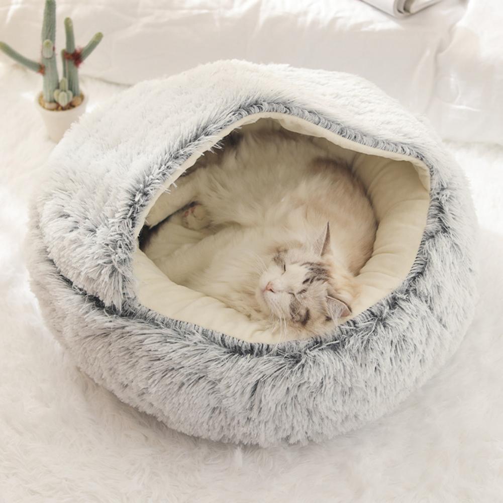 Warm Cat Bed Round Fluffy Hat Pet Bed Winter Cave Plush Comfortable Pet Nest Comfortable Artificial Fur Doughnut Cave Suitable for Small Pets