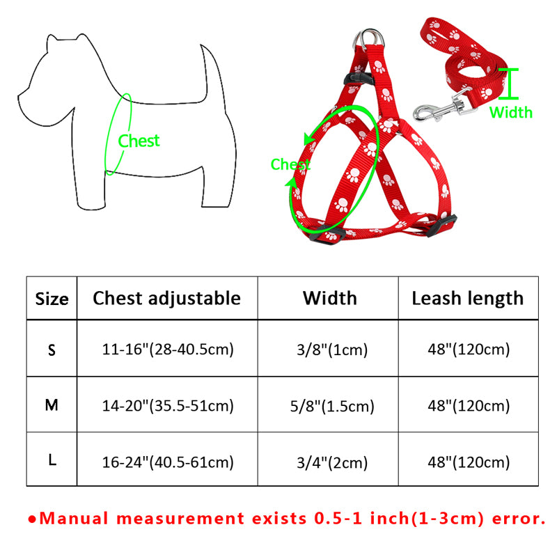 Cute paw print dog harness and leash set, nylon adjustable dog harness, dog walking leash suitable for small and medium-sized dogs