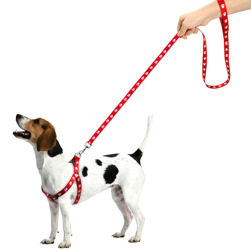 Cute paw print dog harness and leash set, nylon adjustable dog harness, dog walking leash suitable for small and medium-sized dogs