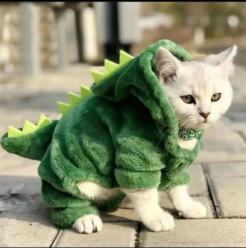 Pet cats and dogs Halloween dog costumes are suitable for small dogs, funny dinosaur role-playing costumes, winter warm cat coats, wool hoodies, sweaters