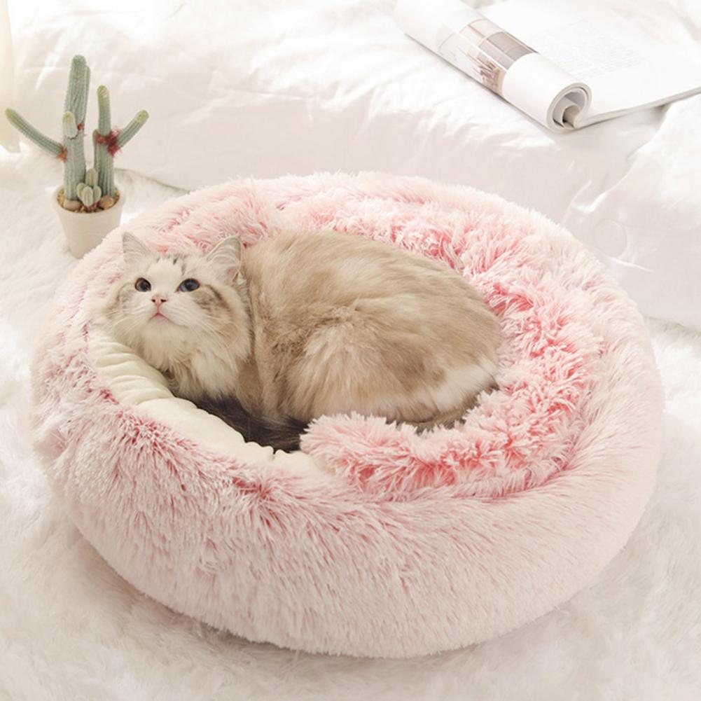 Warm Cat Bed Round Fluffy Hat Pet Bed Winter Cave Plush Comfortable Pet Nest Comfortable Artificial Fur Doughnut Cave Suitable for Small Pets