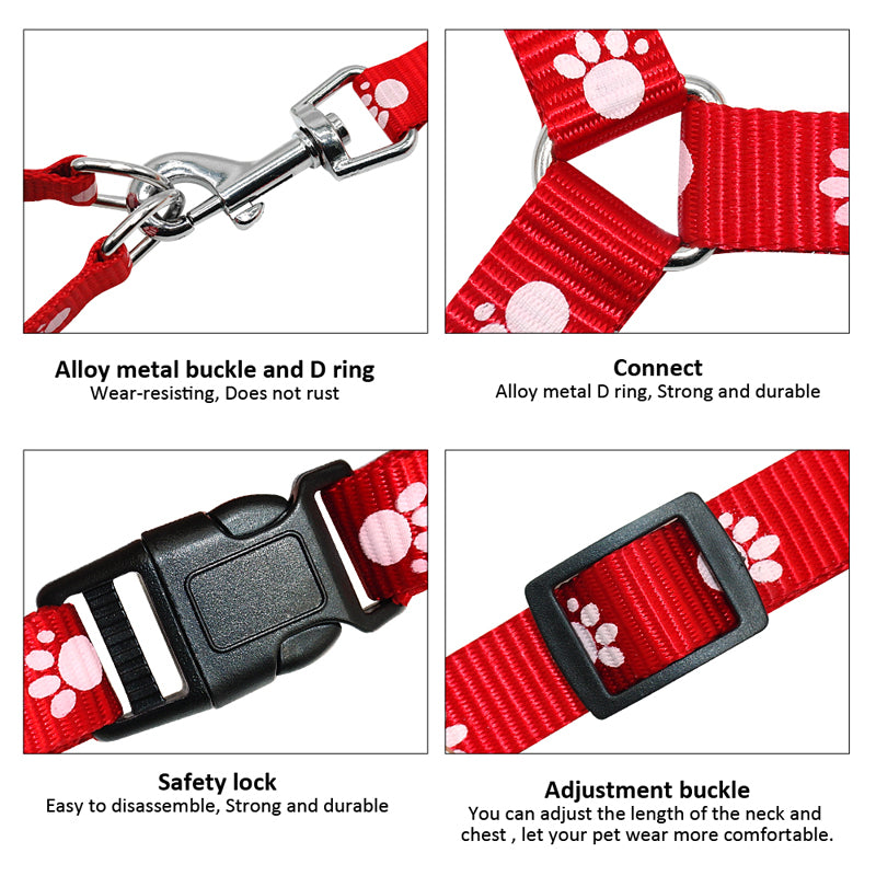 Cute paw print dog harness and leash set, nylon adjustable dog harness, dog walking leash suitable for small and medium-sized dogs