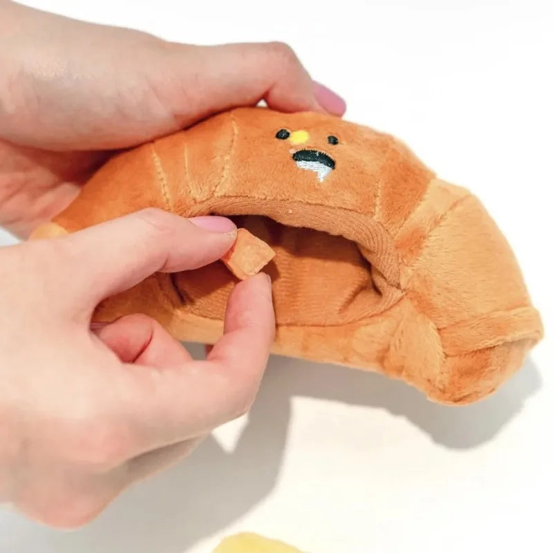 Hidden food sniffing toy squeaking dog toy interactive plush toy dog chewing toy pet toy croissant squeaking plush toy