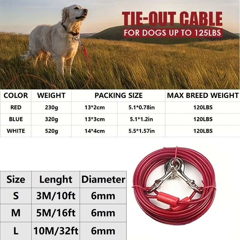 High quality 5mm * 3m extended steel wire dog rope chain, durable double ended dog traction rope, double ended metal hook, pet supplies